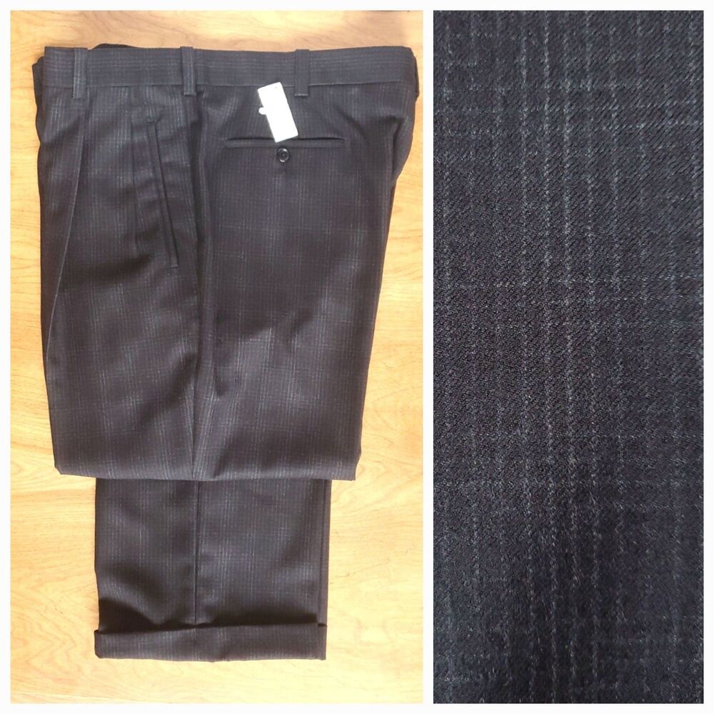 Vintage Barry Bricken Trousers Mens 38x29 100% Virgin Wool Charcoal Plaid NWT